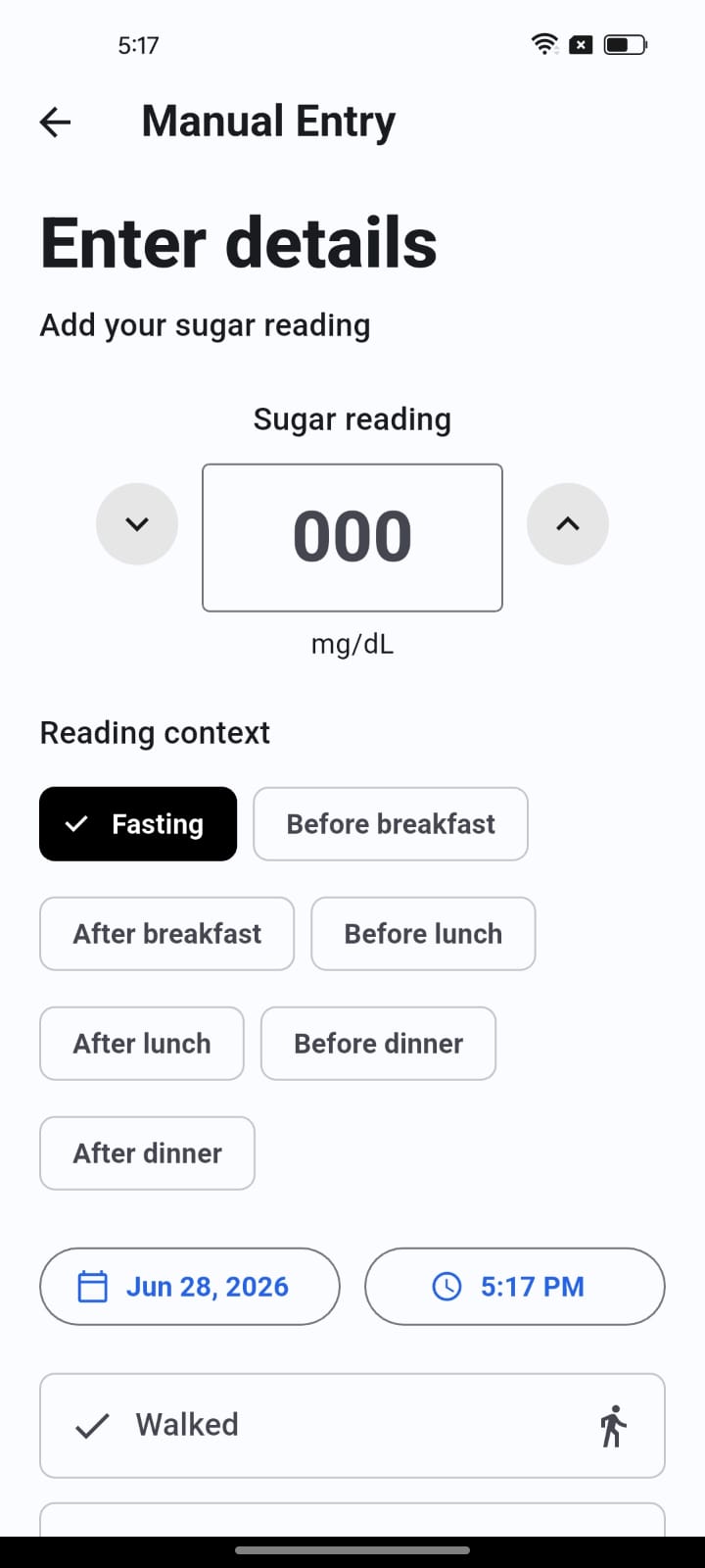 Gluco Book manual entry screen for adding a sugar reading with context, date, time, and walking note