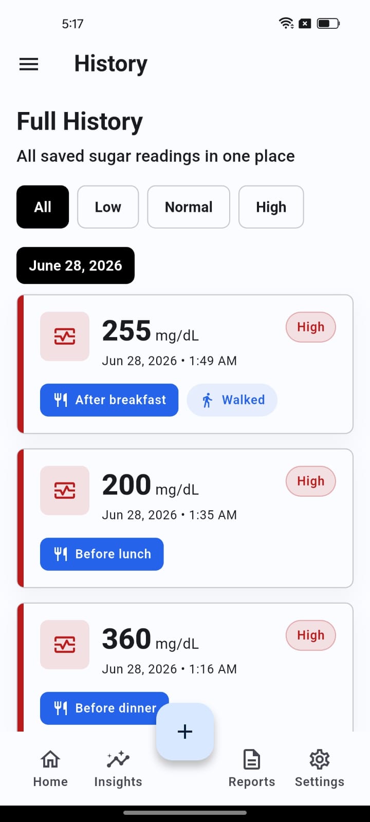 Gluco Book history screen showing saved sugar readings and filters