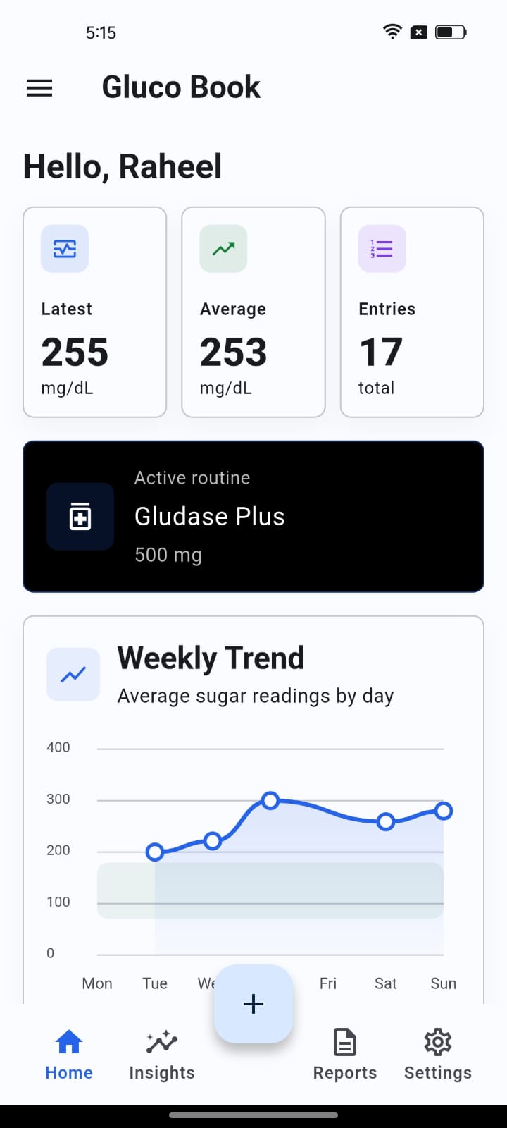 Gluco Book home screen showing latest reading, average, entries, medicine routine, and weekly trend