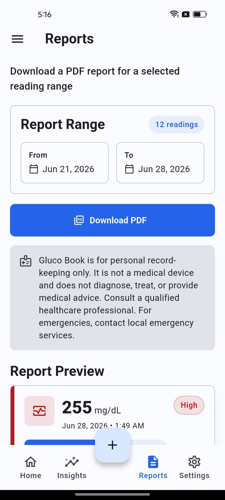 Gluco Book reports screen for selecting a report range and downloading a PDF